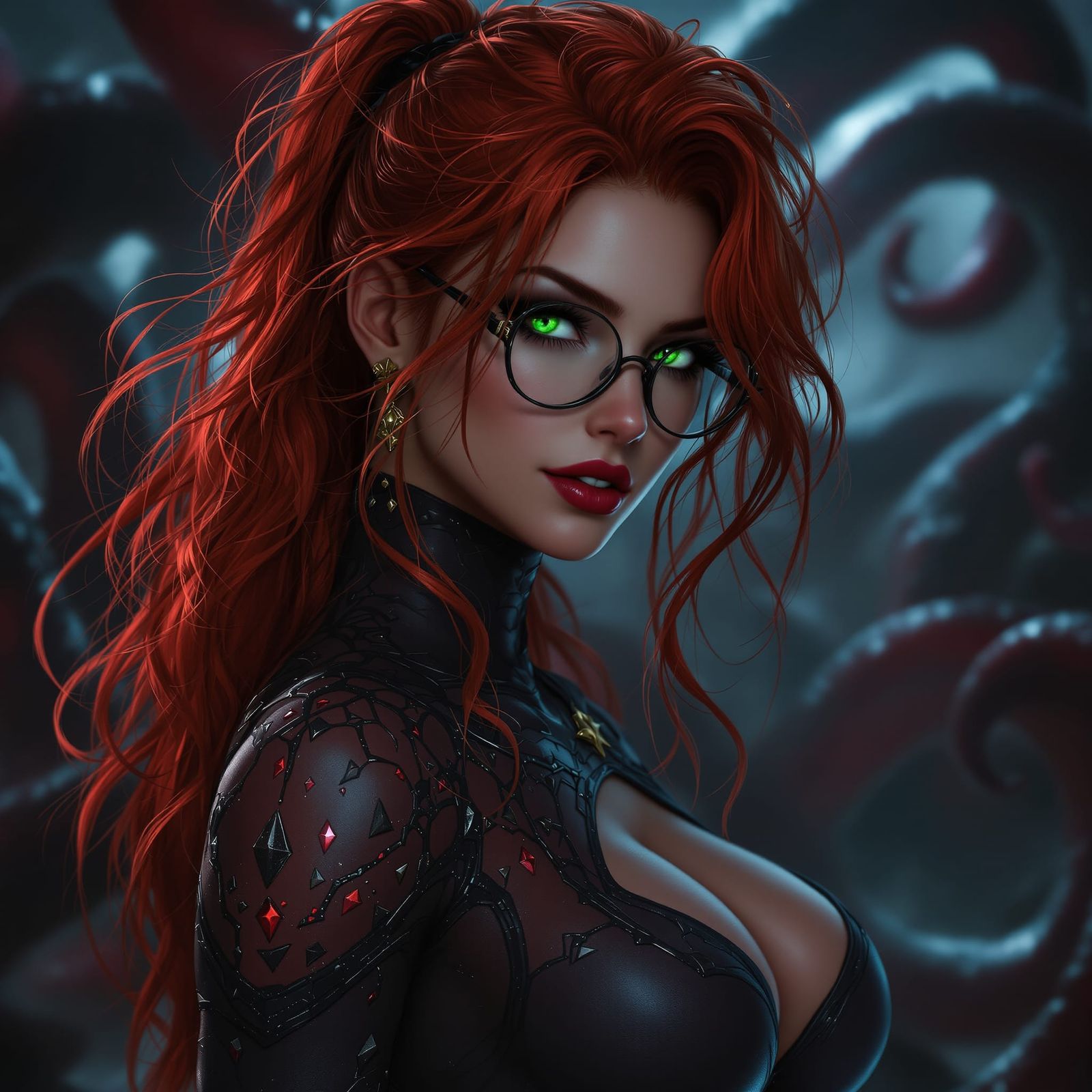 Muscular Redhead in Latex Bodysuit, Dark Fantasy Landscape