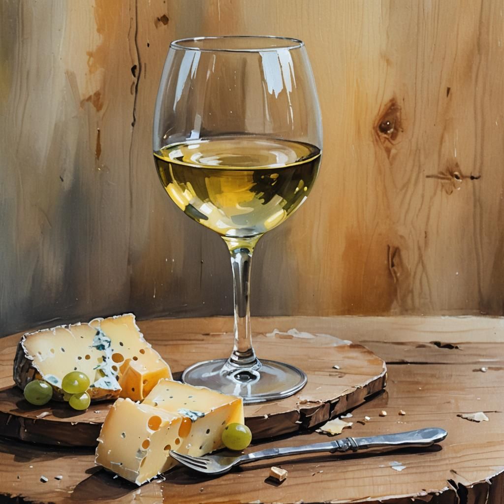 French White Wine and Cheese Gouache Painting