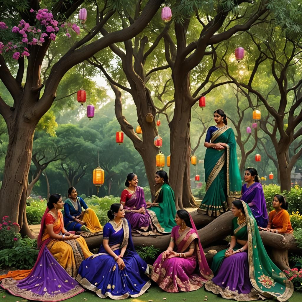Indian Women in Garden with Krishna, Fantasy Art