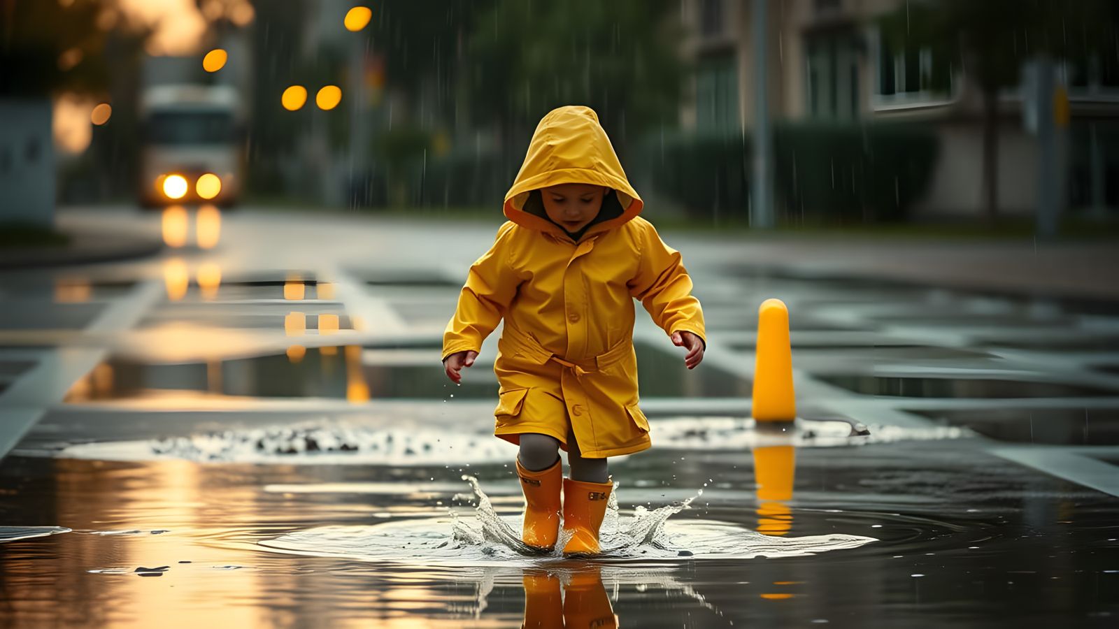 Child Splashing in Golden Rain: Hyperrealistic Image