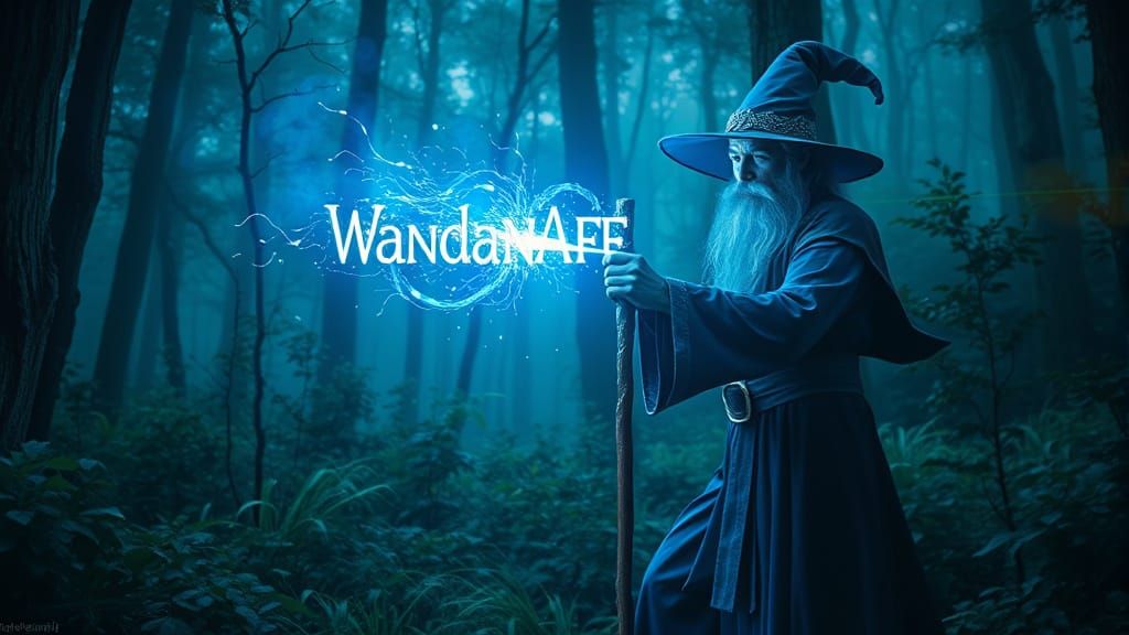 Enchanted Wizard Wields Dual Magical Rod in Neon Blue Glow