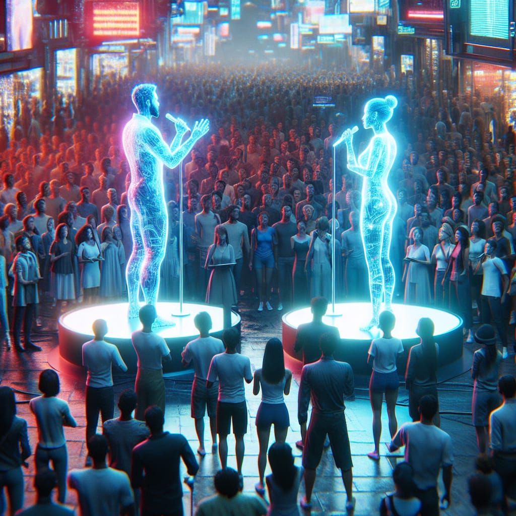 Realistic Holographic Debaters in Futuristic Urban Setting