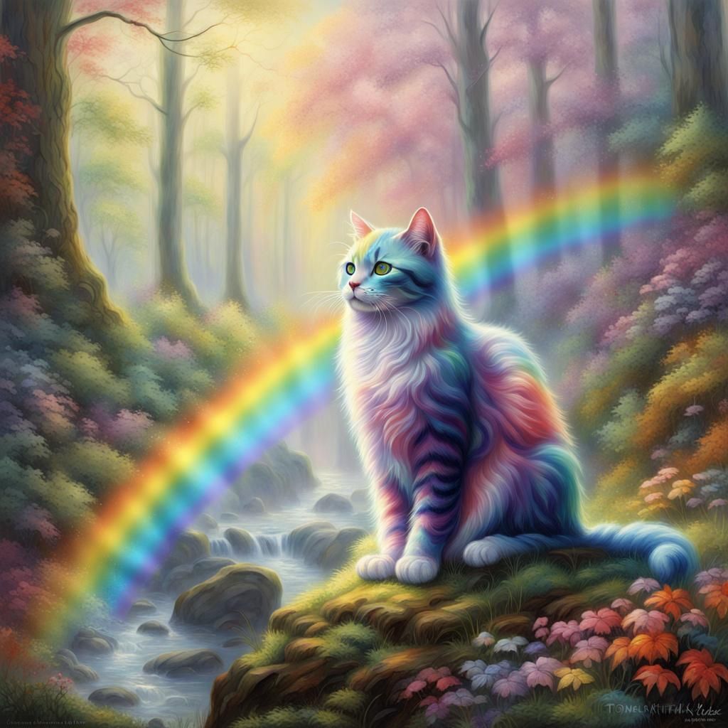 Rainbow Cat in Ethereal Forest, Kinkade Style