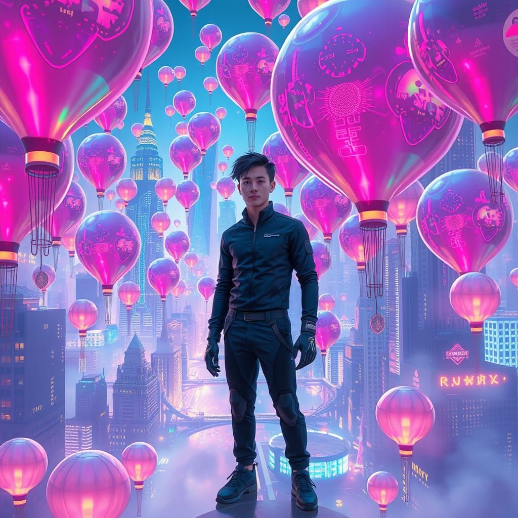 Cyberpunk Engineer in Futuristic Sky City