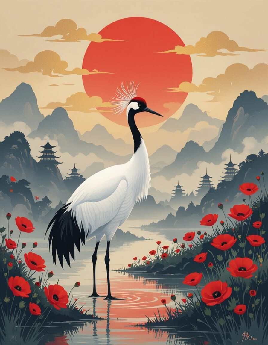 Red Crowned Crane in Fantasy East Asian Landscape
