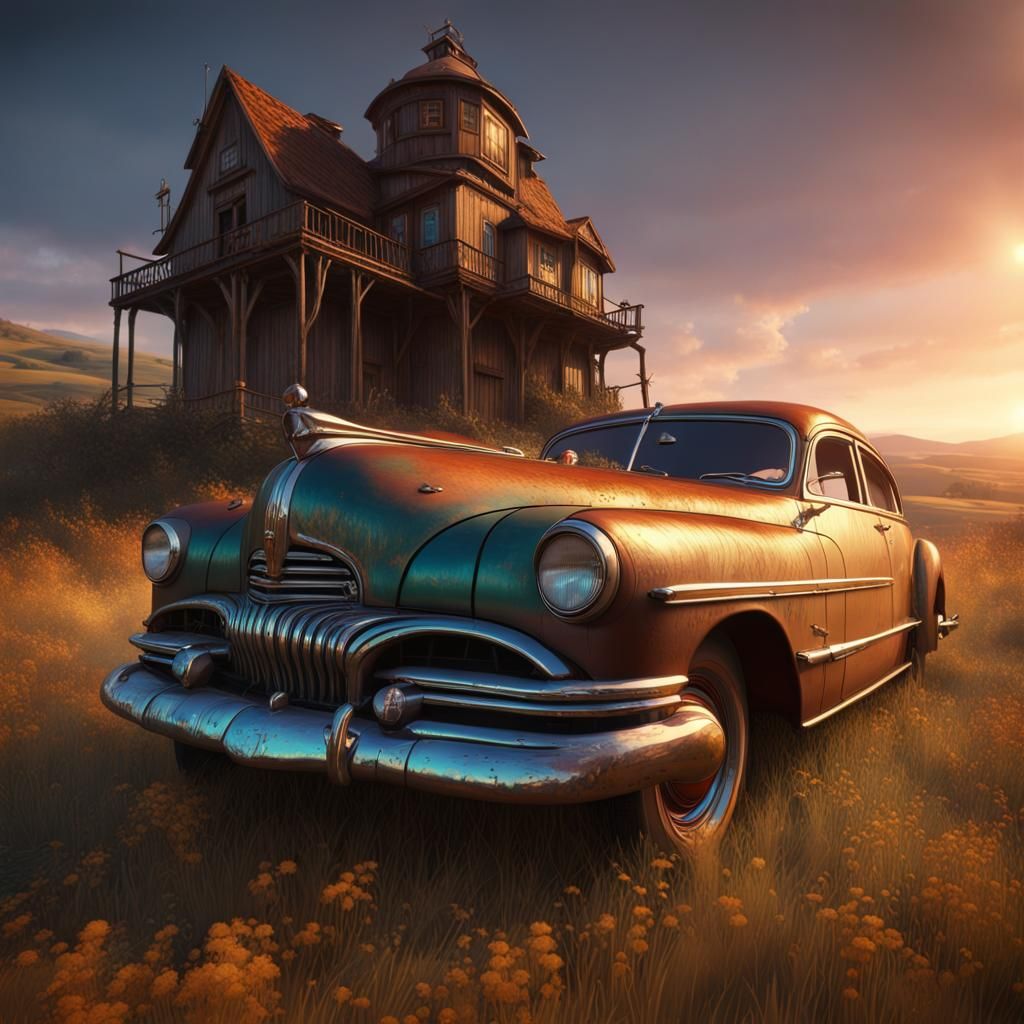 Vintage Car Driving Through Countryside in DMT Art Style