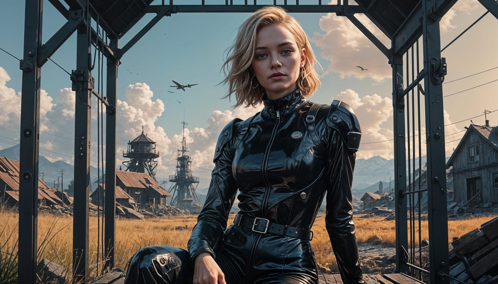 Gothic E-Girl Sits Confidently on a Dark, Industrial Cage