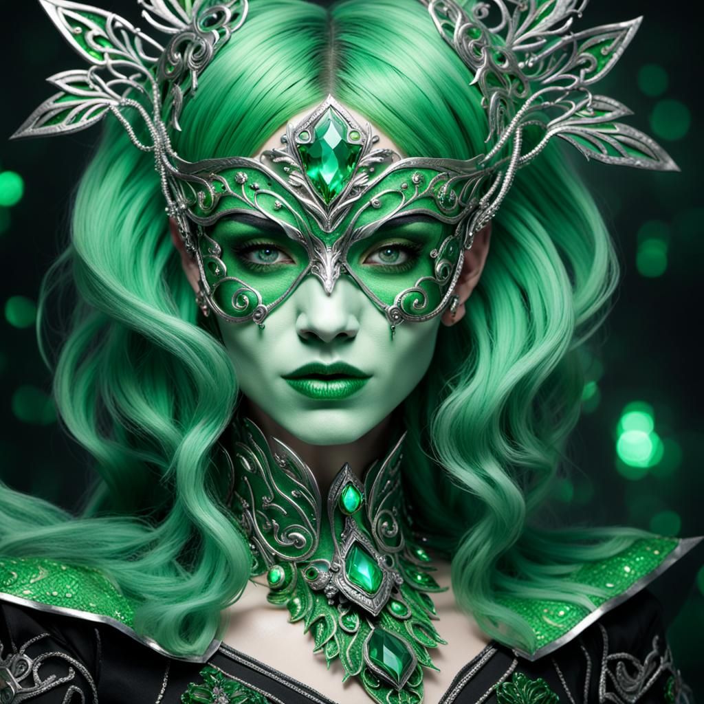 Emerald Masked Character Portrait in Futuristic Style