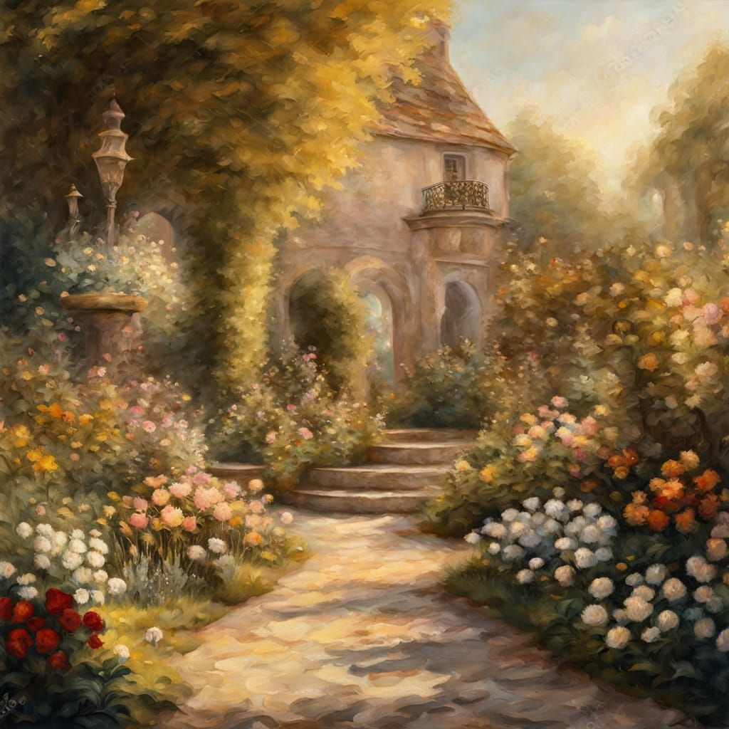 Ornate Rococo Garden Painting in Oil on Canvas