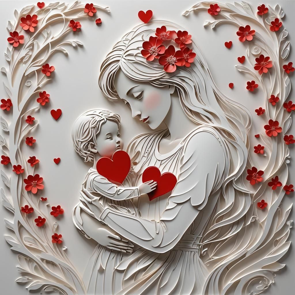 Mother and Child in 3D Kirigami Art Style