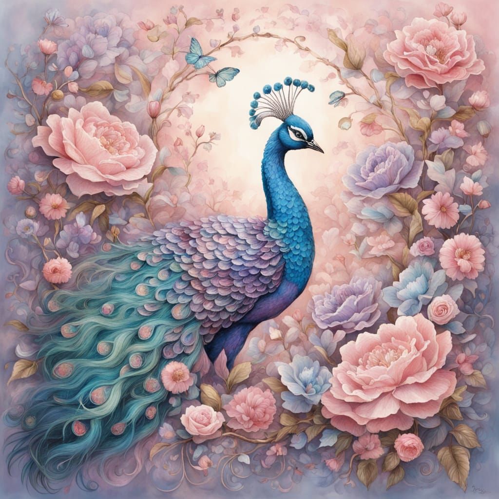 Delicate Chibi Peacock Waltz in Enchanted Garden