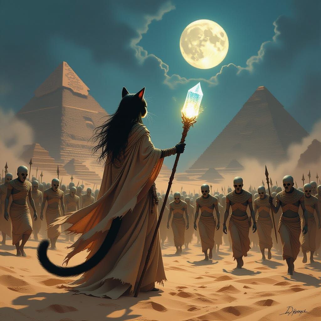 Cat Girl Warrior Fights Mummies in Twin Moon Desert