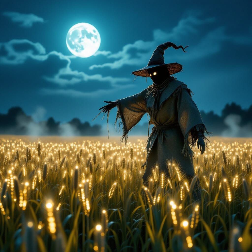 Ancient Scarecrow in Eerie Moonlit Field