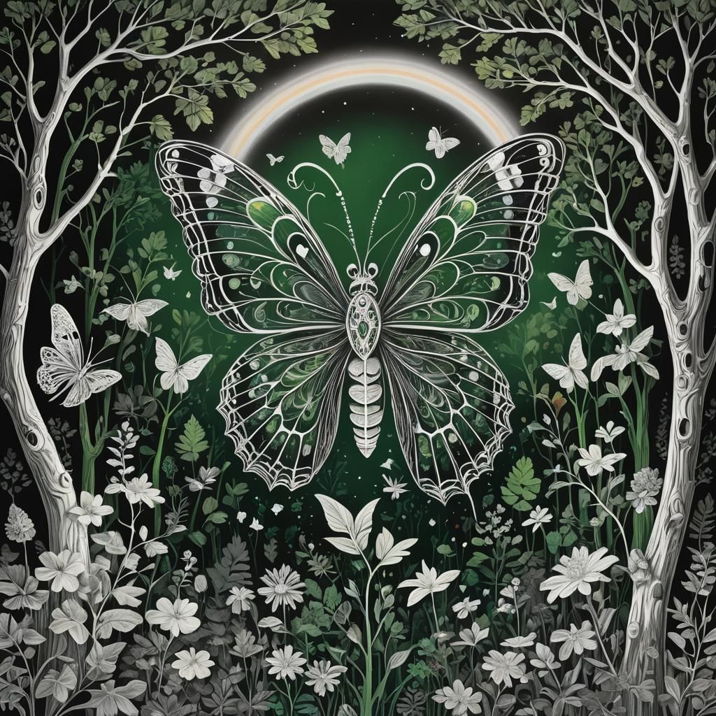 Surreal Moth and Fairy in Crayon Landscape