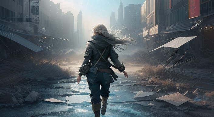 Resilient Woman Walks Through Desolate Cityscape