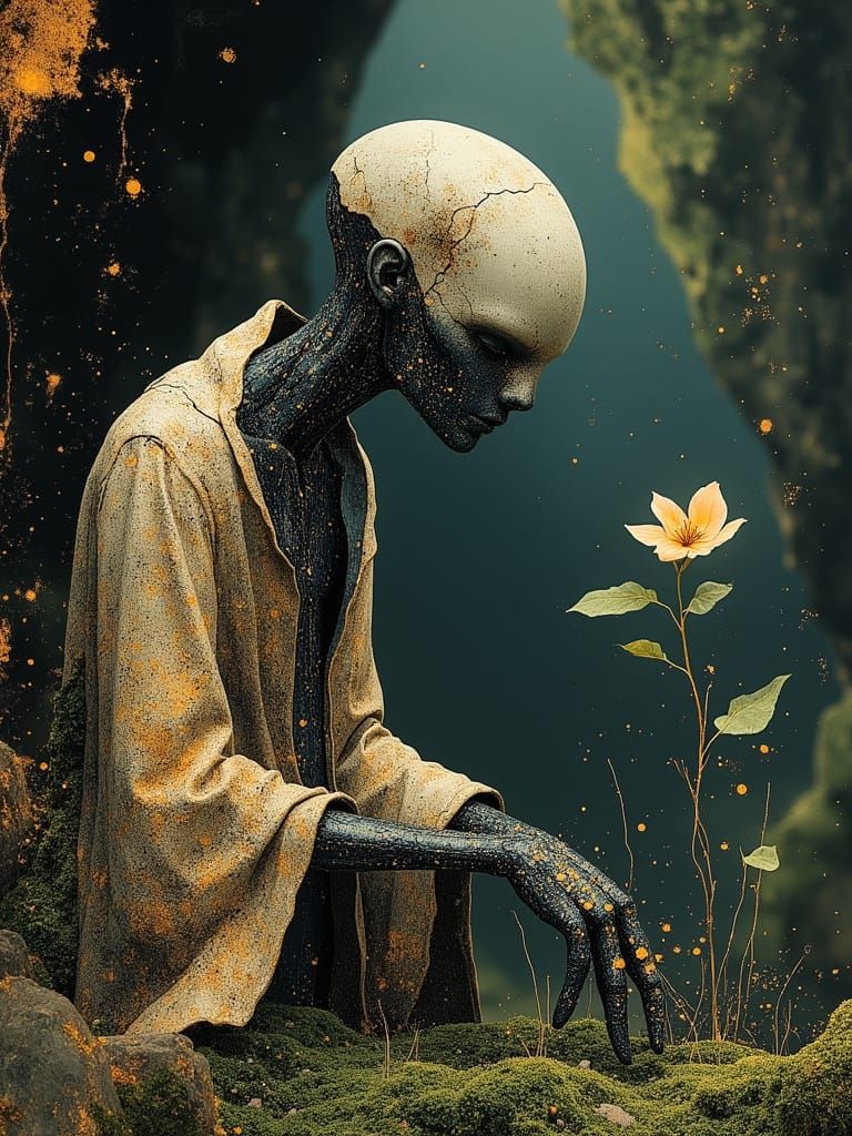 Ancient Robot and Bioluminescent Plant, Mystical Realism