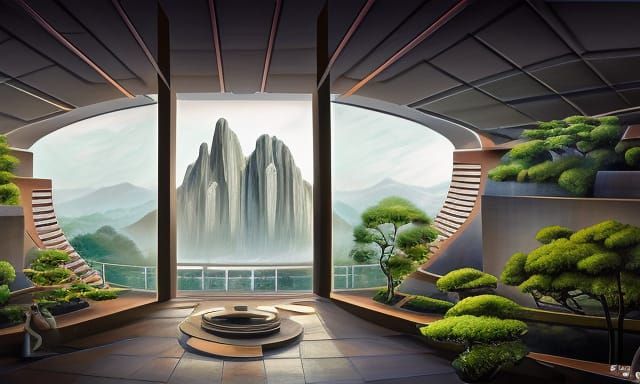 Futuristic Art Deco Architecture with Zen Garden