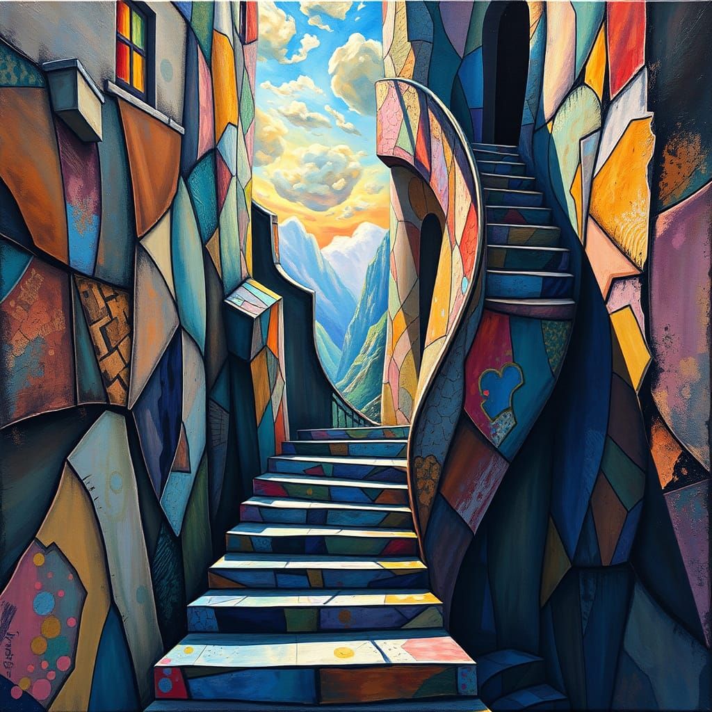 Surreal Stairs to Otherworld, Cubist Aquarelle