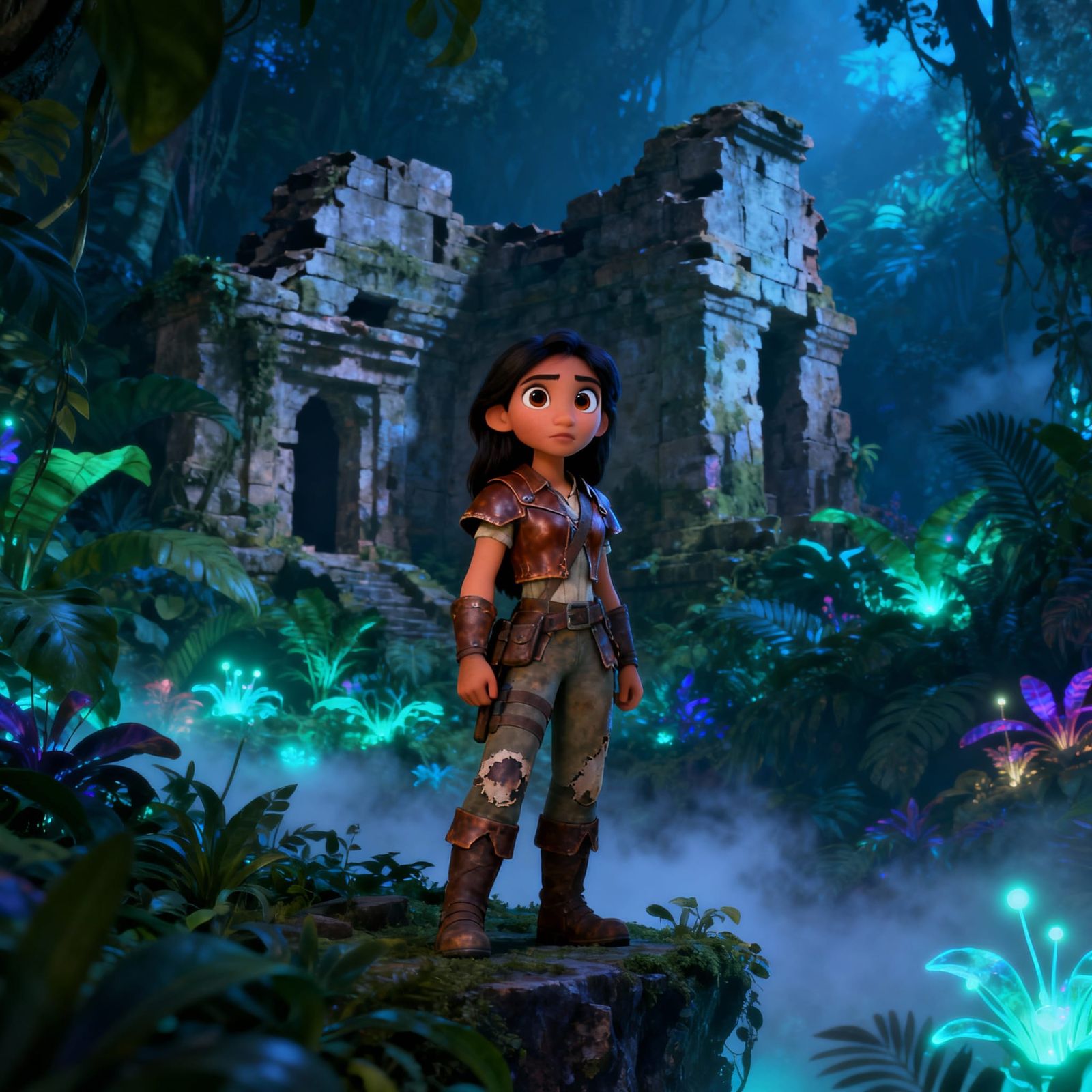 Stoic Explorer in Bioluminescent Jungle, Disney Style