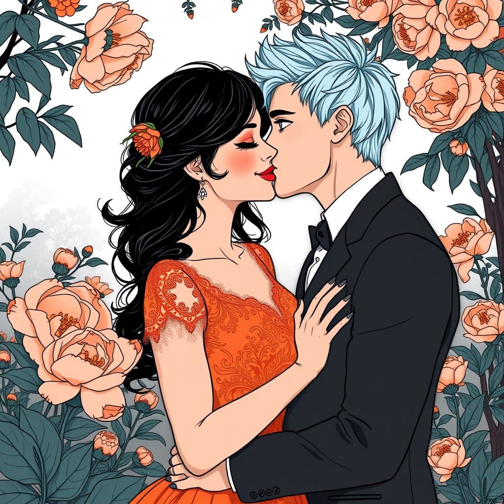 Romantic Black and White Art Nouveau-Inspired Portrait