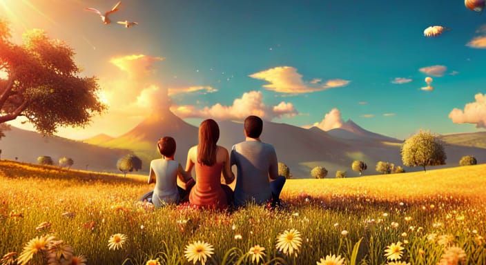 Family Picnic in Summer Meadow, 3D Game Cinematic