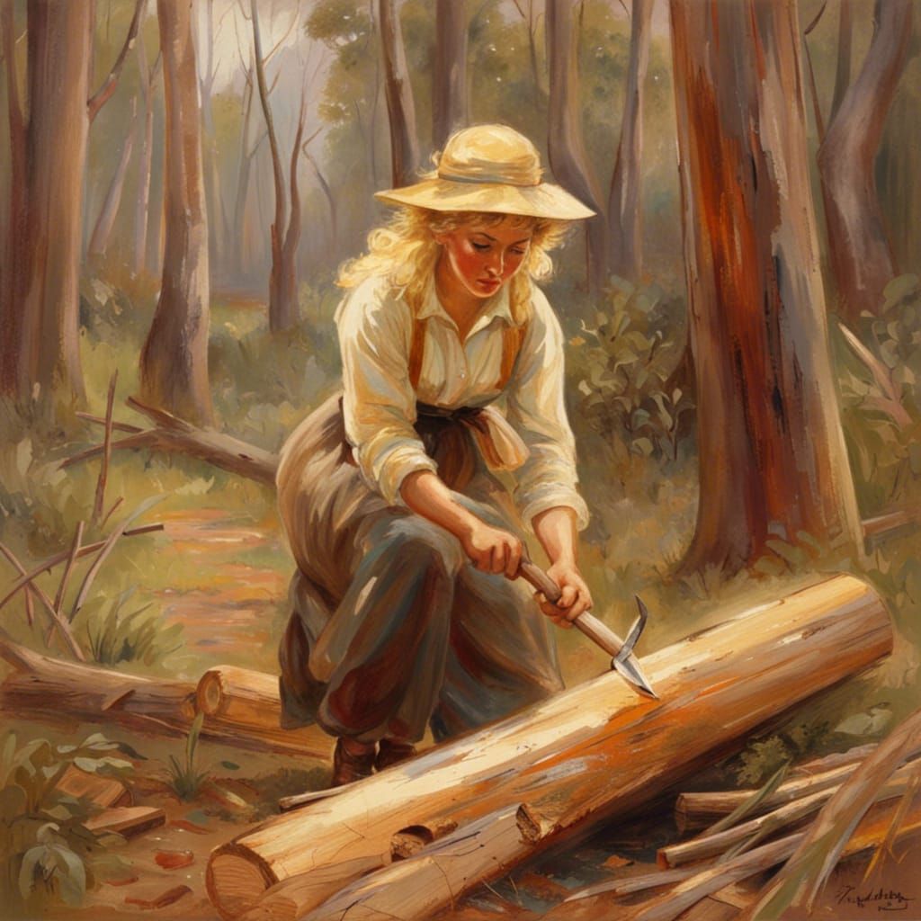 Woman Cutting Timber in Bush, Impressionist Painting
