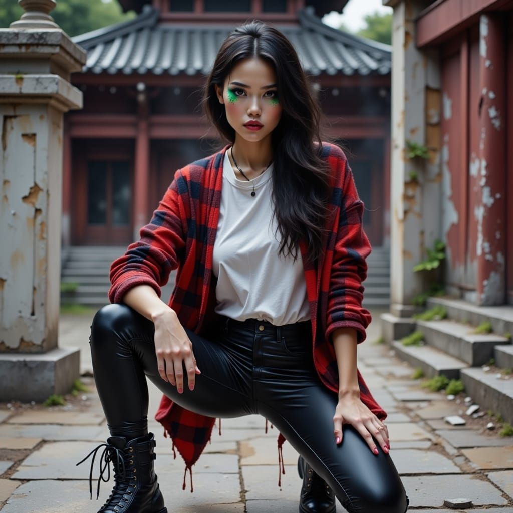 Gritty, Edgy Woman Stands Confidently in Abandoned Temple
