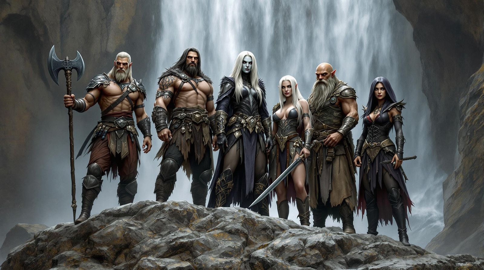 Medieval Fantasy Warriors Gather at the Waterfall