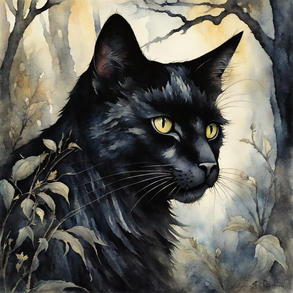 Whimsical Black Feline in Watercolour