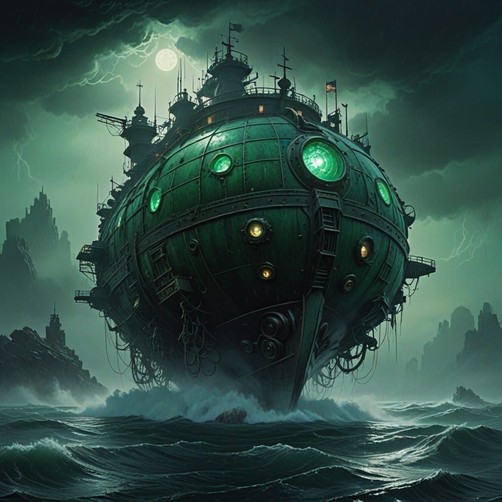 Ancient Crystalline Vessel Hovers Amidst Turbulent Sea Waves...