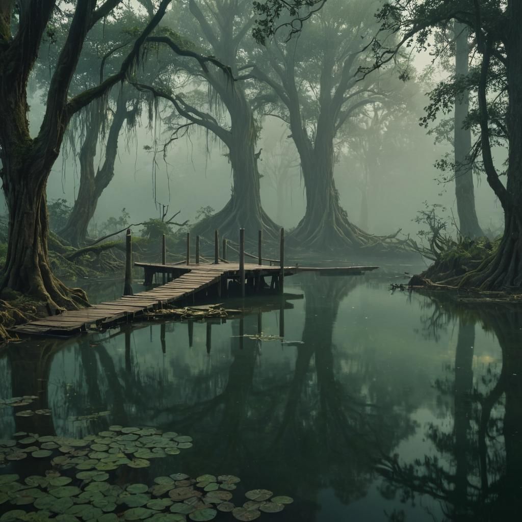 Mystical Pond and Ancient Trees in Digital Painting