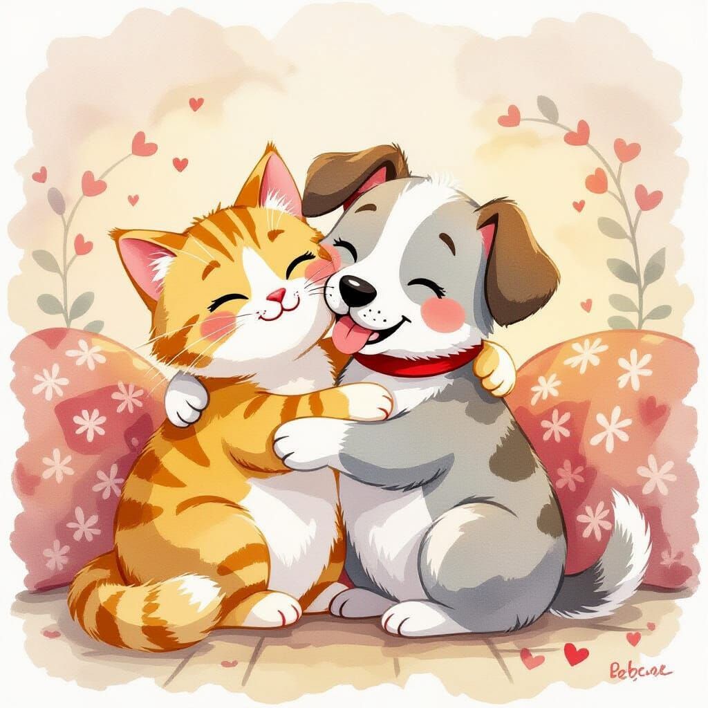 Whimsical Cat and Dog Embrace in Watercolor Style