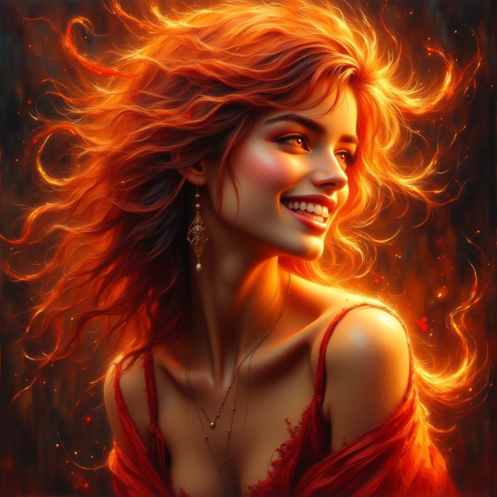 Laughing Fire Nymph with Flames in Dark Oil