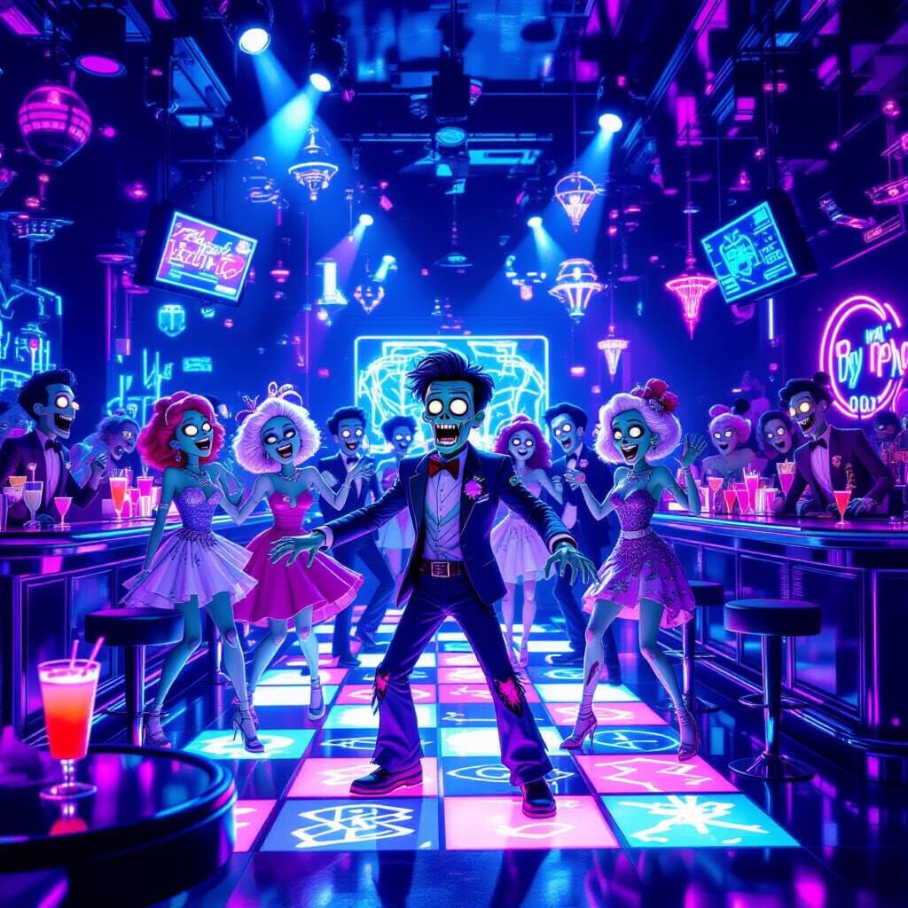 Cyberpunk Zombie Prom Night in Neon Bar
