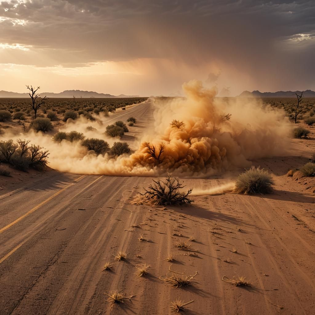 West Texas Dust Storm: Tumbleweeds in Golden Light