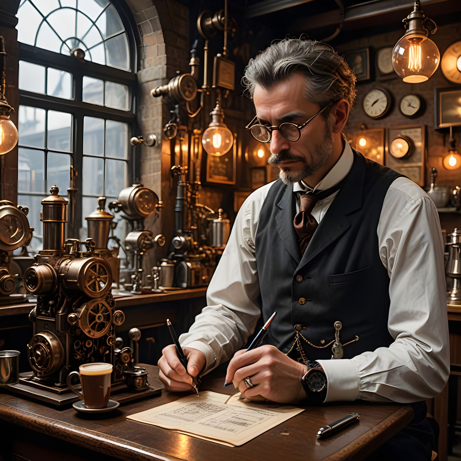 Steampunk Victorian London Cafe on a Rainy Evening