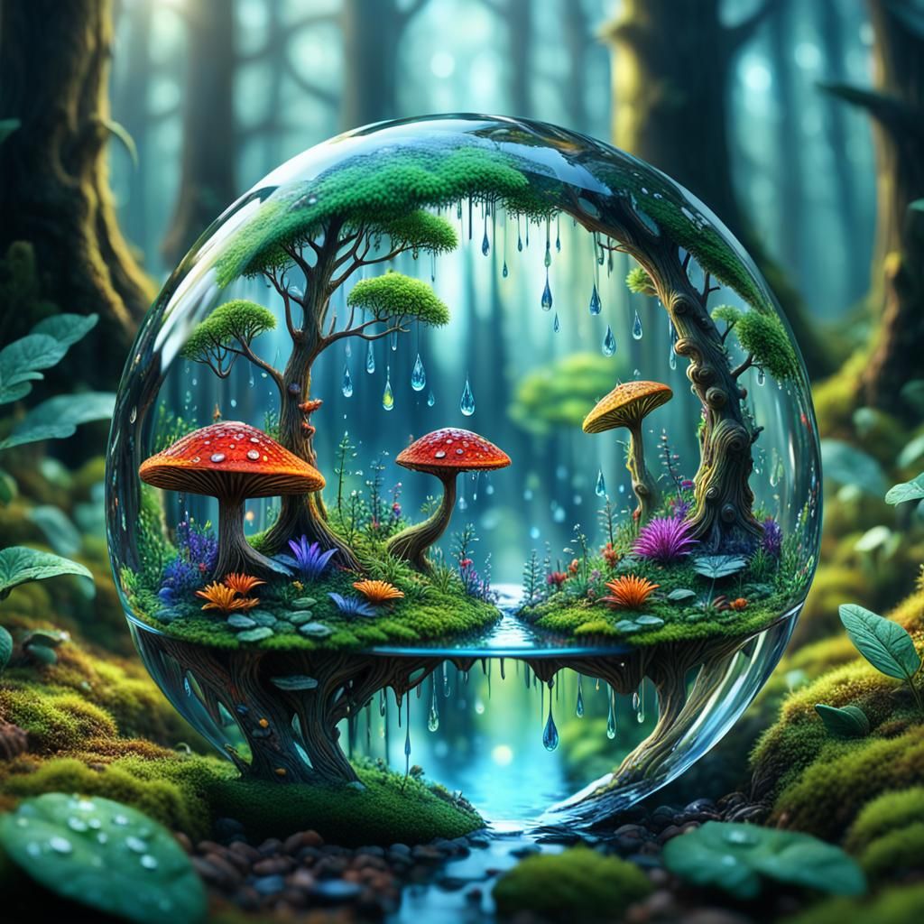 Magical Forest Kingdom Reflected in Water Droplet