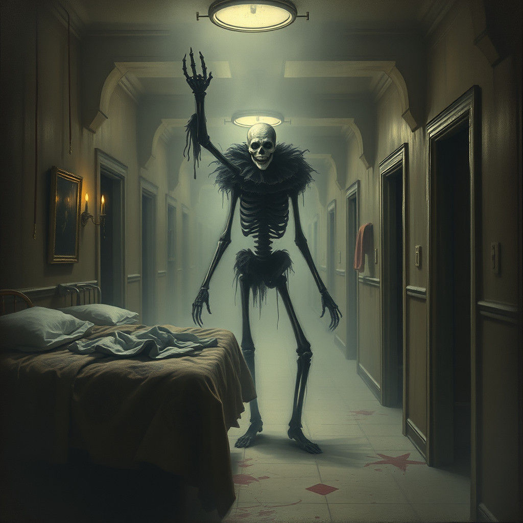 Haunted Hospital: Skeletal Clown Spirit in Horror Style