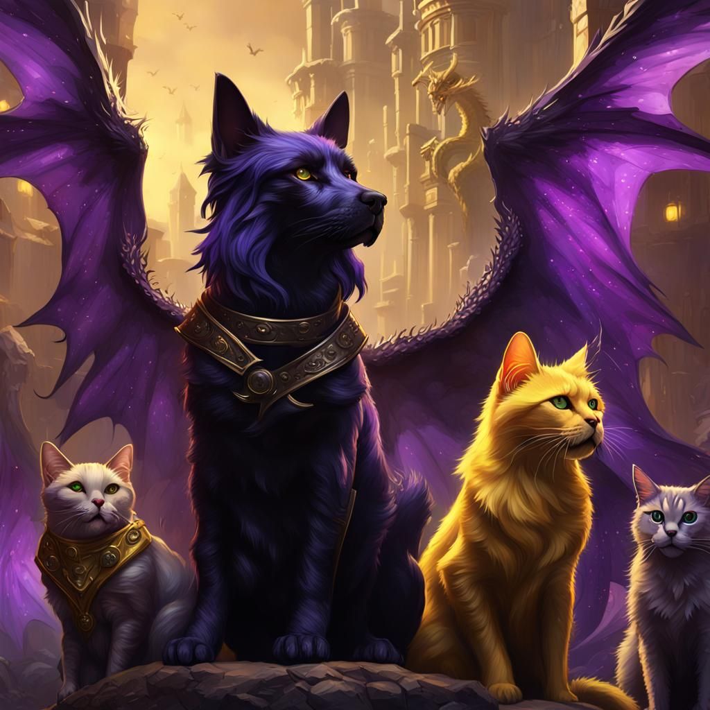 Fantasy Team: Dog, Cat, Angel, and Dragon in Dark Art