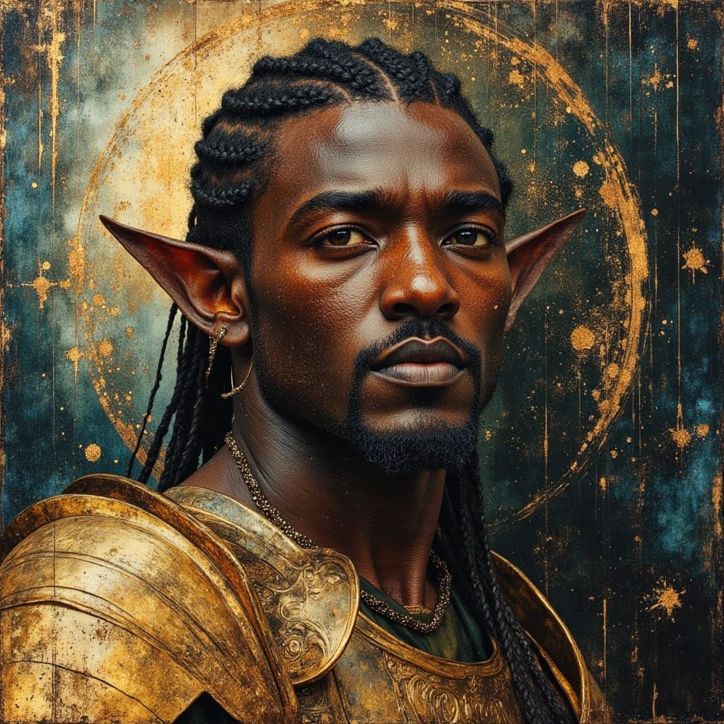 Idris Elba as Elven Warrior God in Cosmic Oil Painting