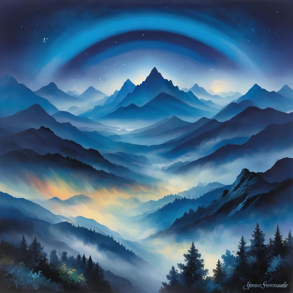 Cosmic Serenade: Prussian Blue Night Over Mountains