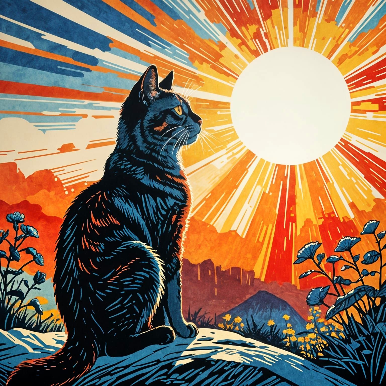 Vibrant Woodblock Print of Cat Gazing Up at the Sun