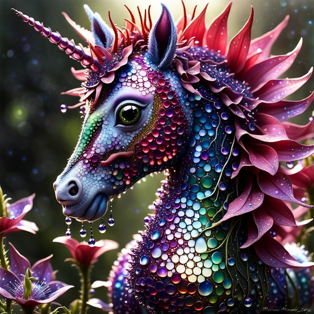 Intricate Mosaic Unicorn Foal with Passionflowers
