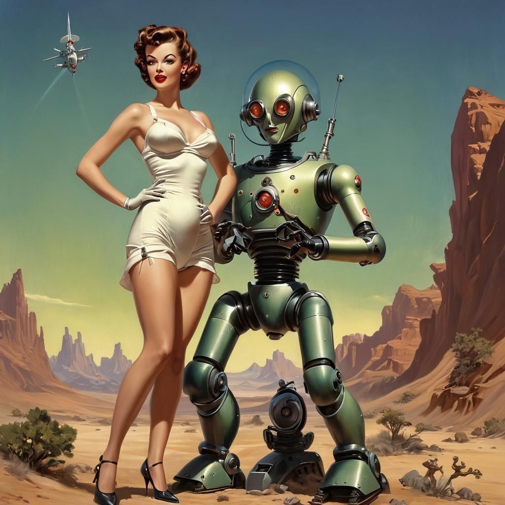 Woman and Robot on Alien World, Pin-Up Style