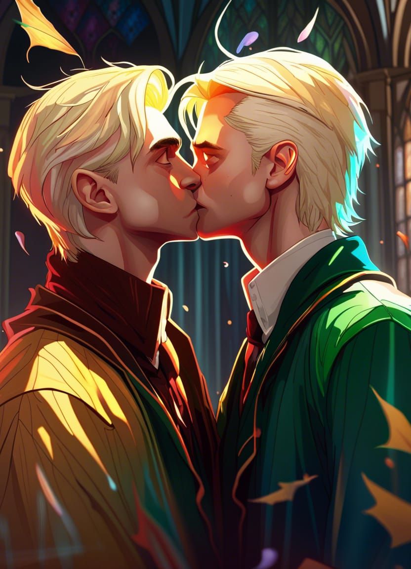 Harry Potter and Draco Malfoy Kissing, Mucha Style