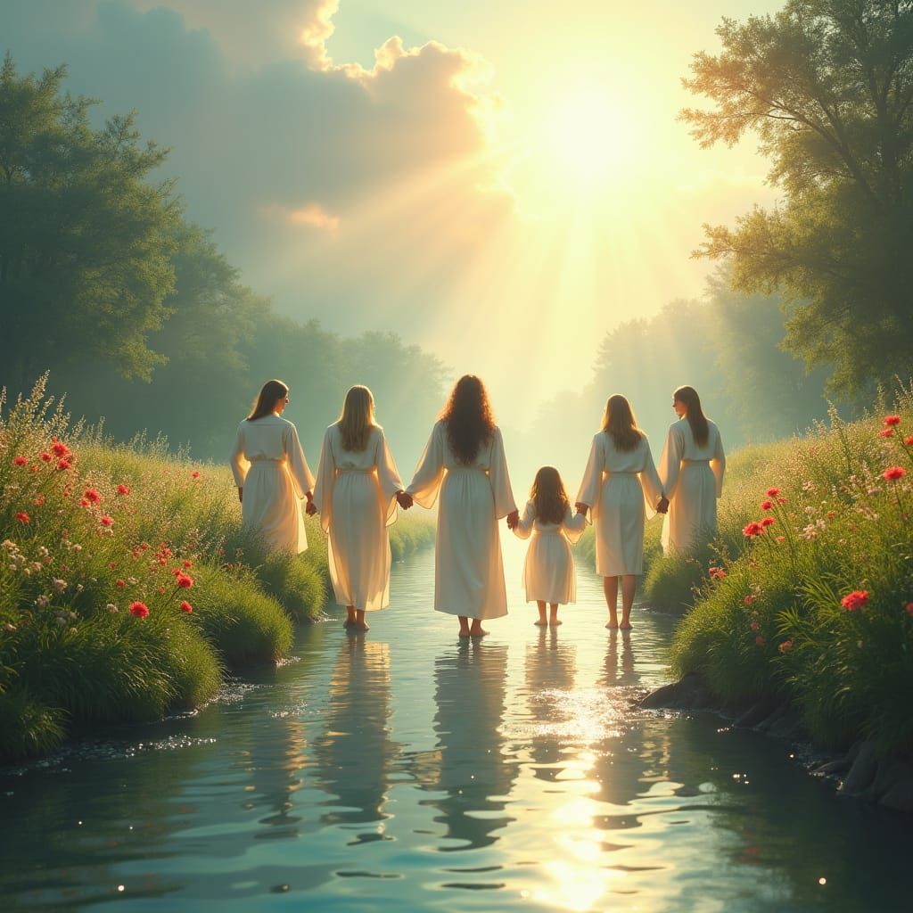 Ethereal River Scene with People in White Robes