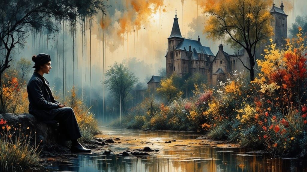 Figure Watches Flowers in Rain, Expressive Art Style