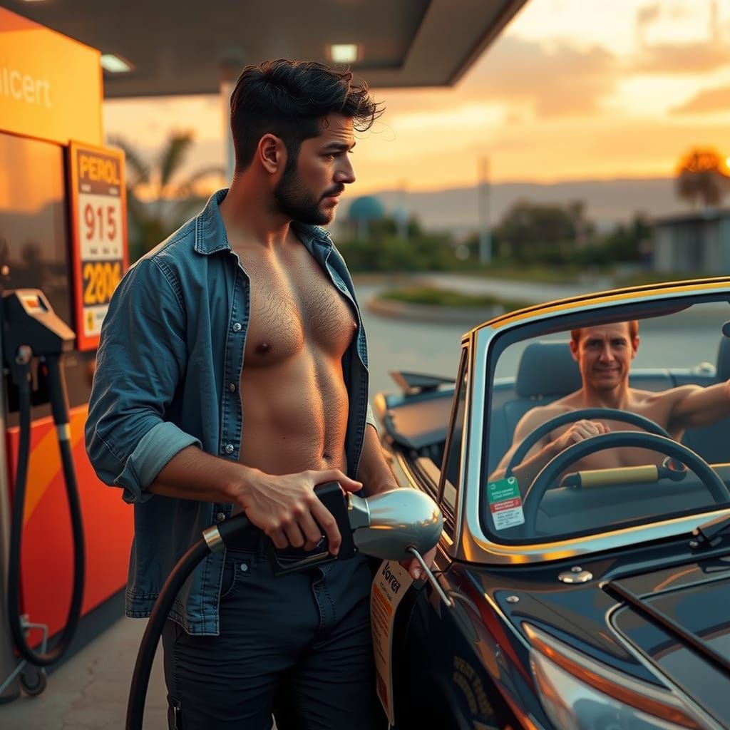 Petrol Station Attendant Refueling Car at Sunset