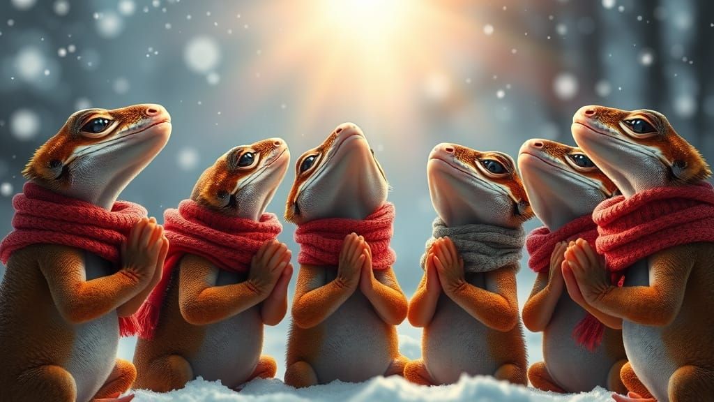 Geckos Praying in Snowy Winter Scene