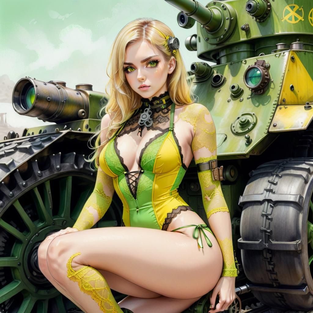 Steampunk Woman on Panzer in Color Pencil Art